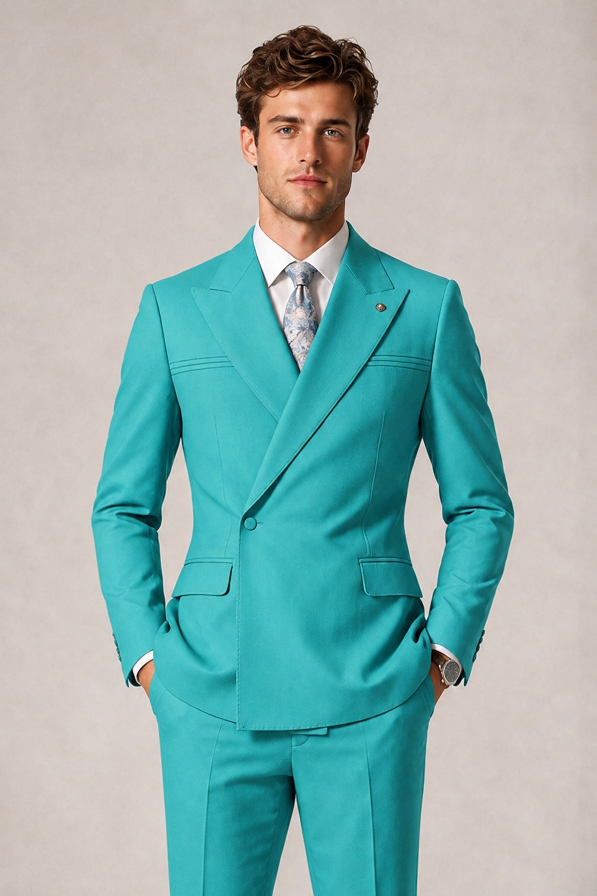 Savile Men's Turquoise Double-Breasted Slim Fit 2-Piece Suit Set – Peak Lapel Blazer & Cuffed Trousers | Wedding Prom Formal - Turquoise