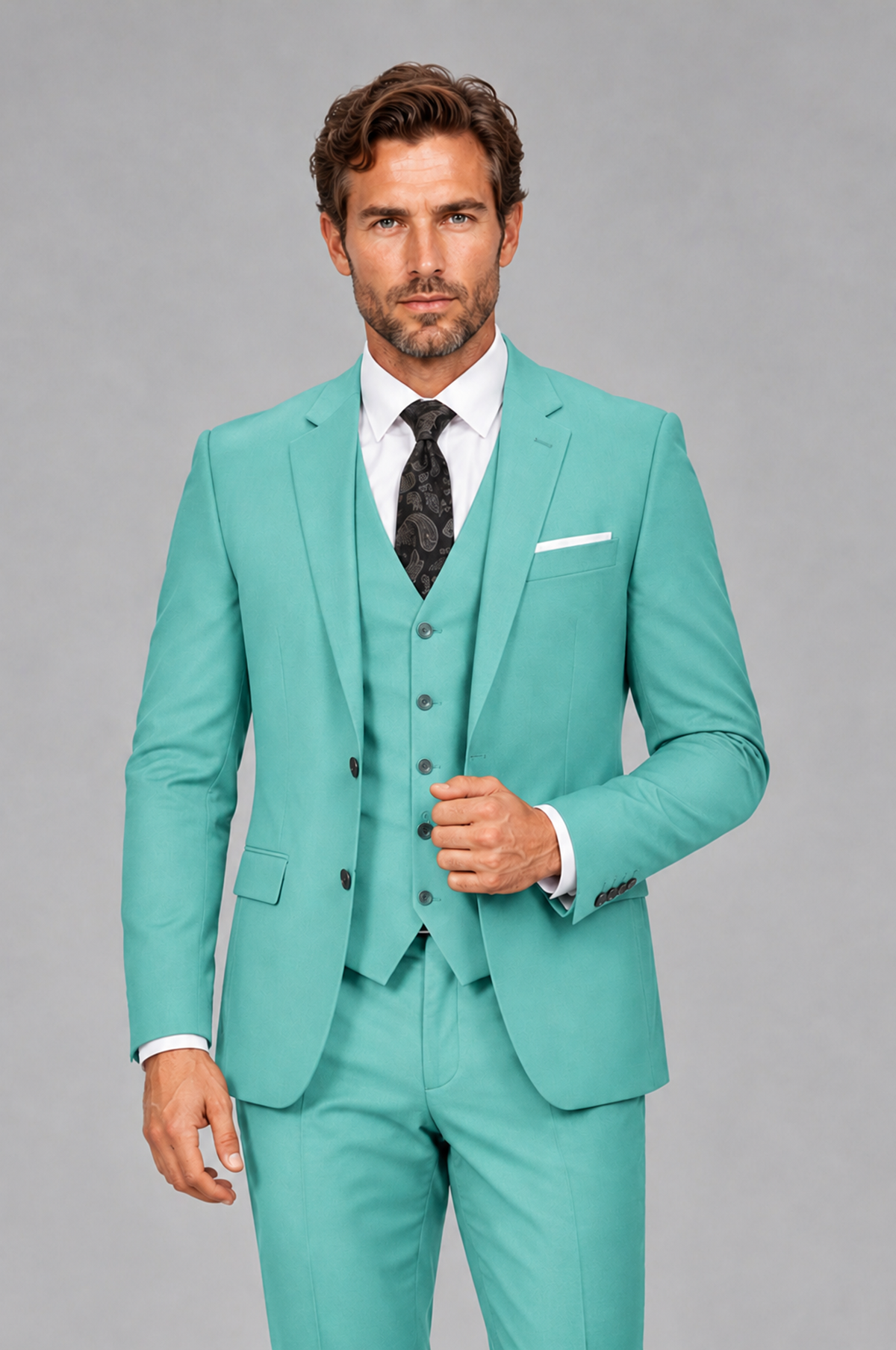 Savile Men's Turquoise 3-Piece Suit Set – Notch Lapel Blazer, Vest & Trousers - Turquoise - Turquoise_1