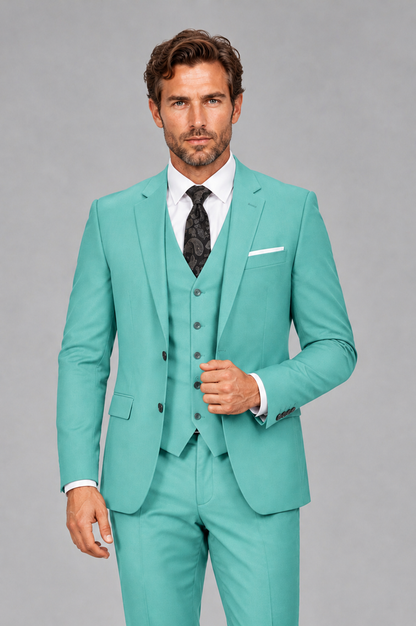 Savile Men's Turquoise 3-Piece Suit Set – Notch Lapel Blazer, Vest & Trousers - Turquoise - Turquoise_1
