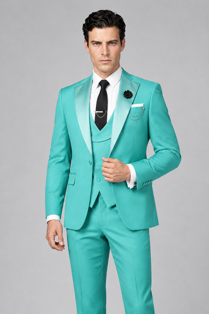 Savile Men's Turquoise 3-Piece Tuxedo Suit – Contrast Silver Peak Lapel & Grey Vest Formal Set - Turquoise - Turquoise_1