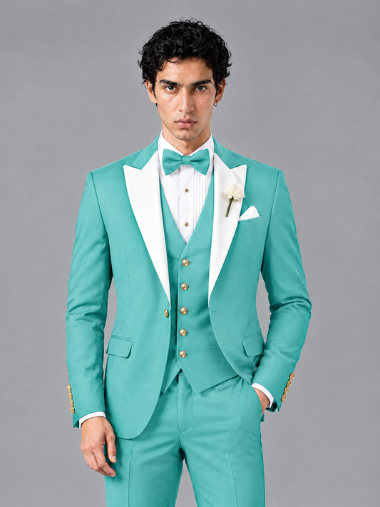 Savile Men's Turquoise Contrast White Peak Lapel 3-Piece Tuxedo Suit - Turquoise