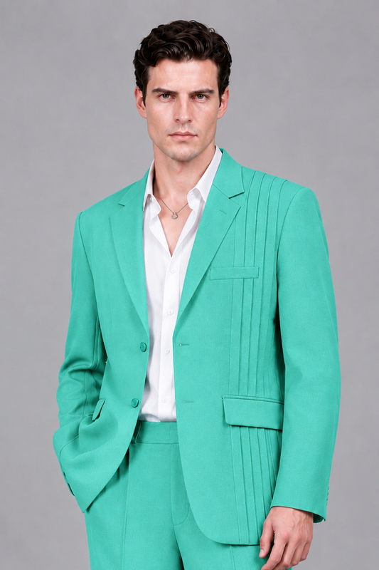 Savile Men's Turquoise Pleated 2-Piece Suit Set | Notch Lapel Blazer & Tailored Trousers - Turquoise - Turquoise_1