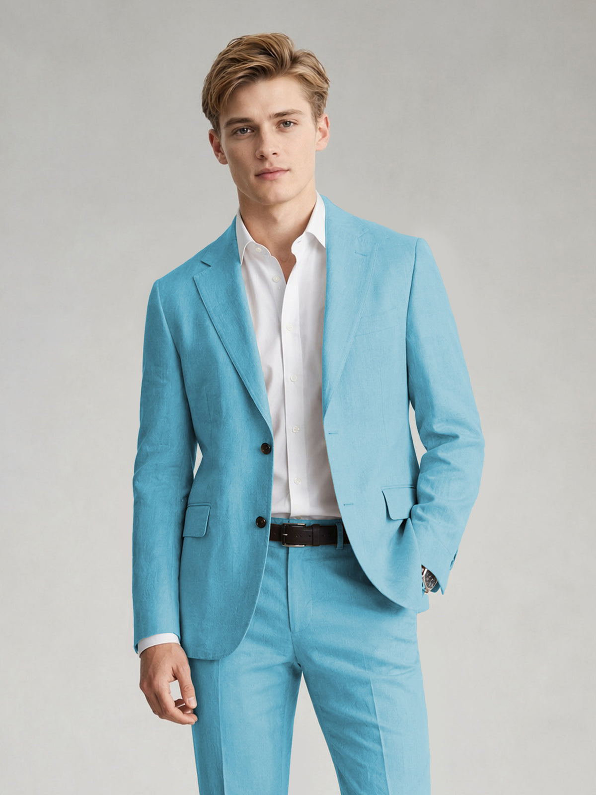 Savile Men's Sand Khaki Linen-Blend 2-Piece Suit Set – Two-Button Notch Lapel Slim-Fit Blazer & Slim Trousers - Turquoise - Turquoise