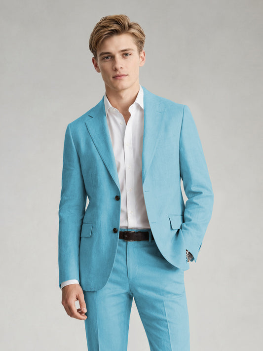 Savile Men's Sand Khaki Linen-Blend 2-Piece Suit Set – Two-Button Notch Lapel Slim-Fit Blazer & Slim Trousers - Turquoise - Turquoise