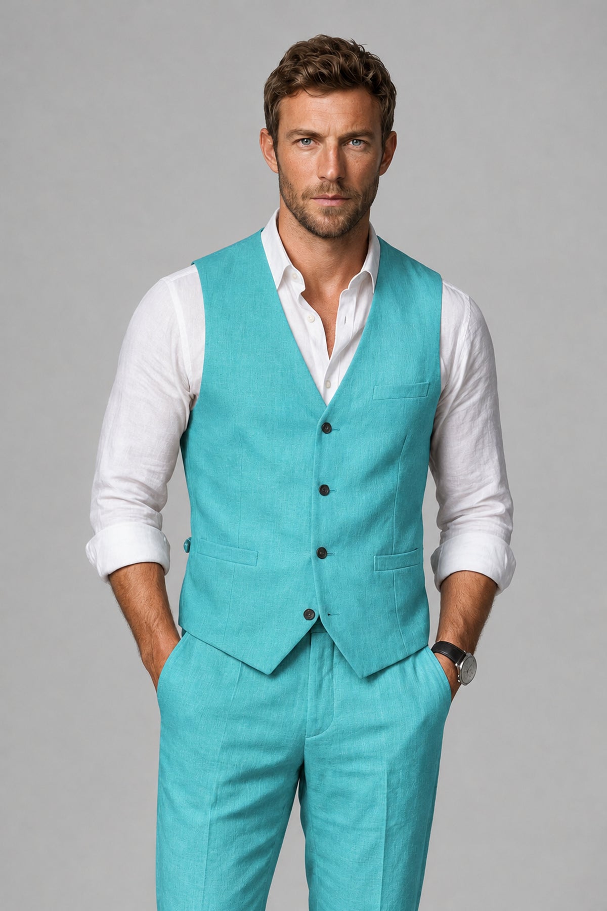 Men's Turquoise Linen Blend Single-Breasted V-Neck Suit Vest | Savile QX0101 - Turquoise