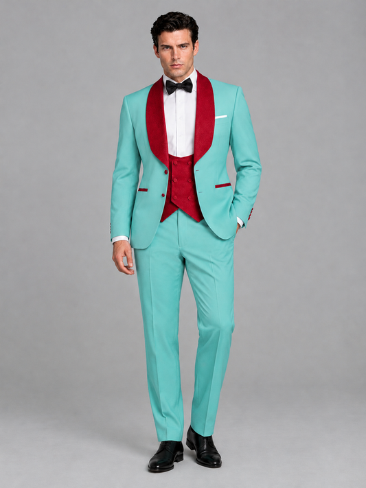 Savile Men's Turquoise 3-Piece Tuxedo Suit Set – Contrast Red Shawl Lapel Blazer, Red Waistcoat & Trousers - SUC020 - Turquoise