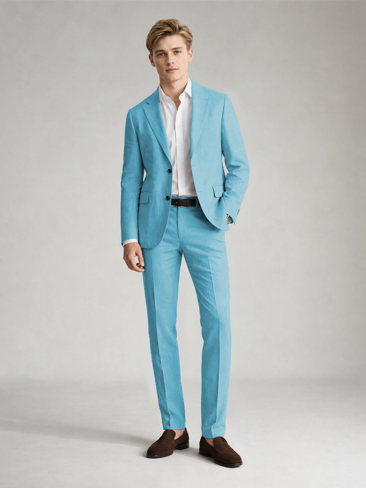 Savile Men's Sand Khaki Linen-Blend 2-Piece Suit Set – Two-Button Notch Lapel Slim-Fit Blazer & Slim Trousers - Turquoise - Turquoise