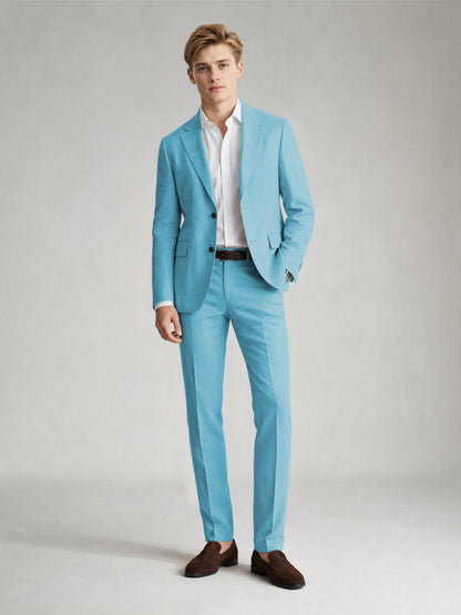 Savile Men's Sand Khaki Linen-Blend 2-Piece Suit Set – Two-Button Notch Lapel Slim-Fit Blazer & Slim Trousers - Turquoise - Turquoise