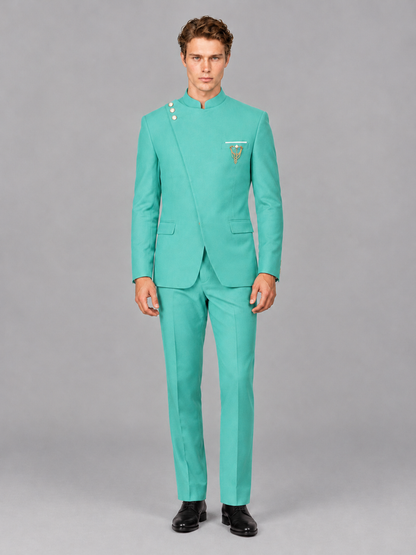 Savile Men's Turquoise Mandarin Collar Asymmetrical 2-Piece Suit Set – Modern Jacket & Trousers - Turquoise - Turquoise_2