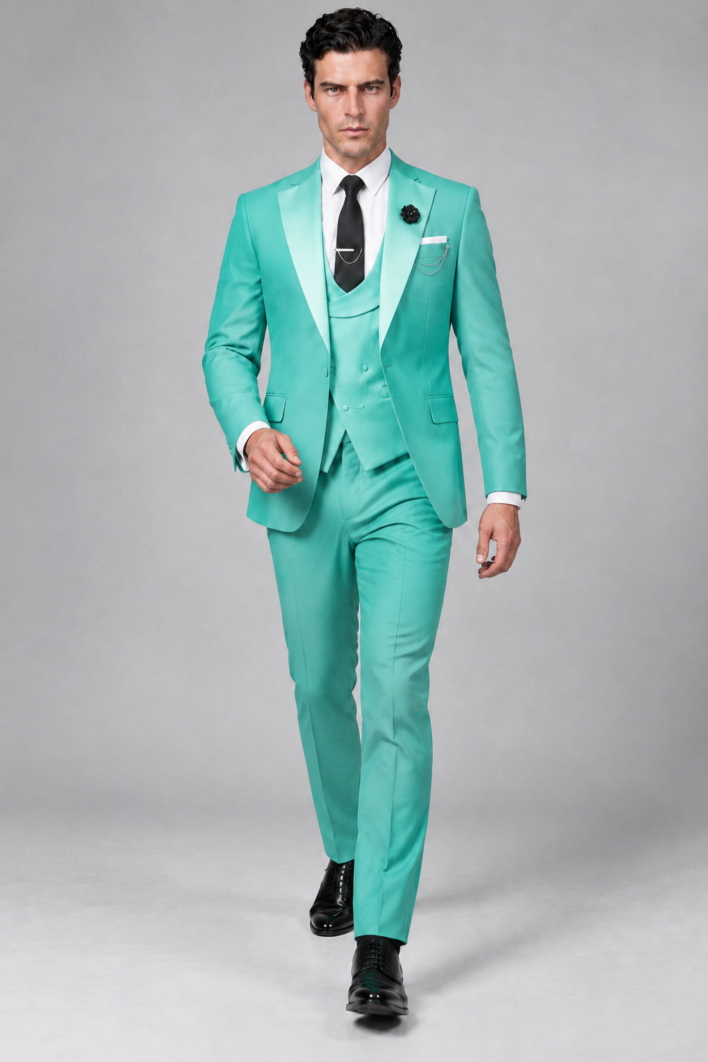 Savile Men's Turquoise 3-Piece Tuxedo Suit – Contrast Silver Peak Lapel & Grey Vest Formal Set - Turquoise - Turquoise_2