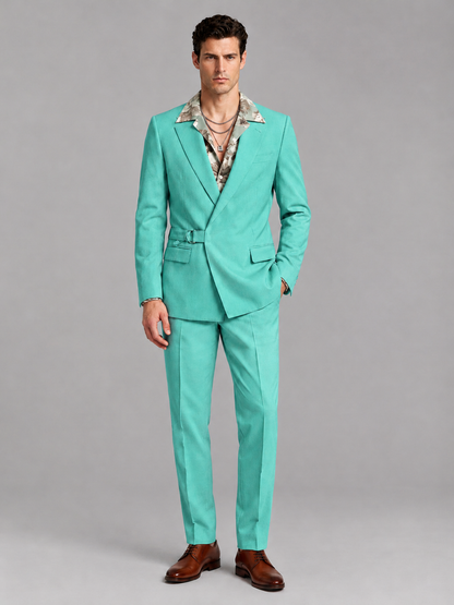 Savile Men's Turquoise Belted Wrap 2-Piece Suit – Peak Lapel Blazer & Tailored Trousers - SUC060 - Turquoise - Turquoise_2
