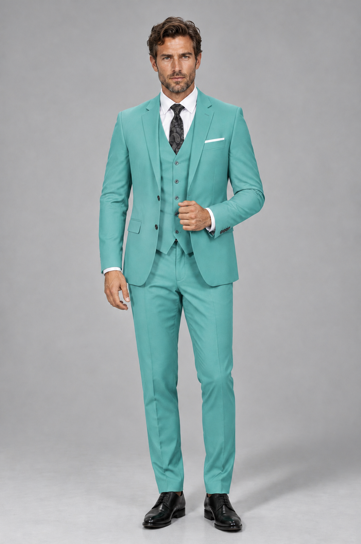 Savile Men's Turquoise 3-Piece Suit Set – Notch Lapel Blazer, Vest & Trousers - Turquoise - Turquoise_2