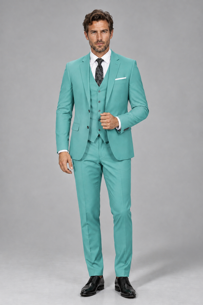 Savile Men's Turquoise 3-Piece Suit Set – Notch Lapel Blazer, Vest & Trousers - Turquoise - Turquoise_2