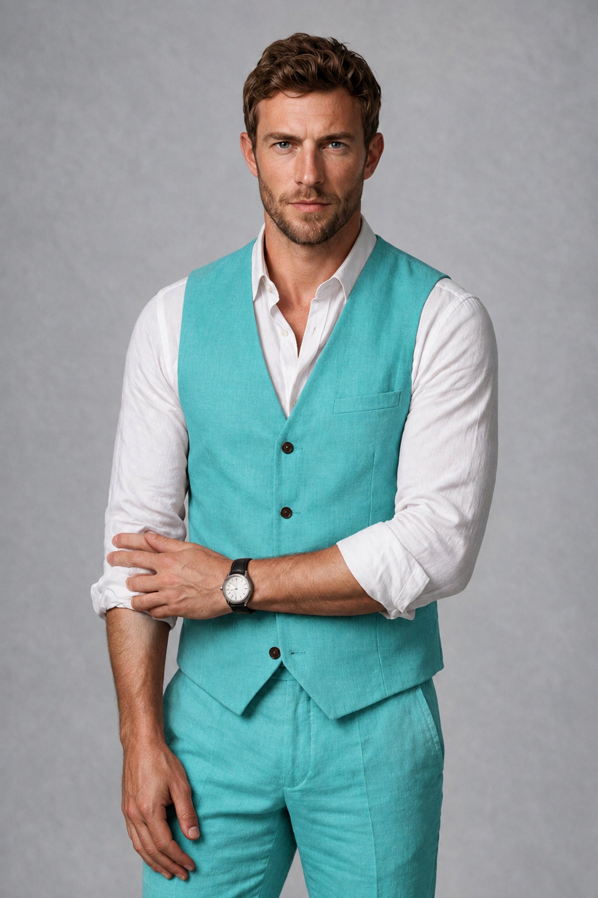 Men's Turquoise Linen Blend Single-Breasted V-Neck Suit Vest | Savile QX0101 - Turquoise