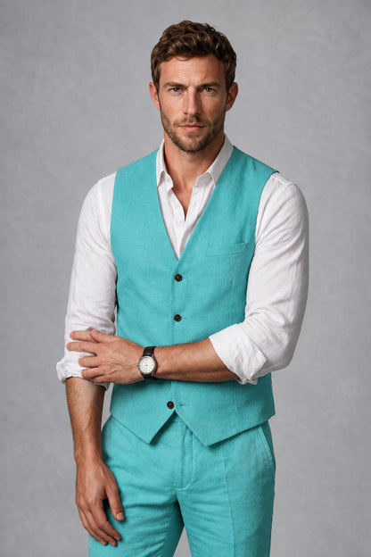 Men's Turquoise Linen Blend Single-Breasted V-Neck Suit Vest | Savile QX0101 - Turquoise