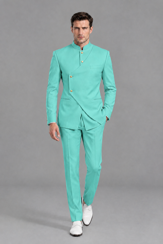 Savile Men's Turquoise Asymmetrical Mandarin Collar Tuxedo Suit – Modern 2-Piece Gold Button Wedding, Prom & Gala Set - Turquoise - Turquoise_2
