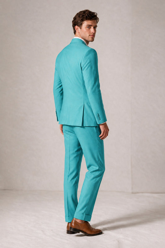 Savile Men's Turquoise Double-Breasted Slim Fit 2-Piece Suit Set – Peak Lapel Blazer & Cuffed Trousers | Wedding Prom Formal - Turquoise