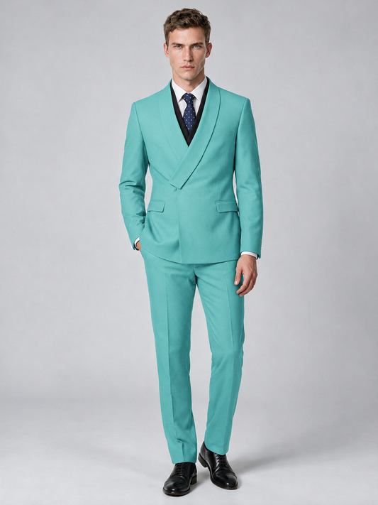Savile Men's Turquoise Wrap Shawl Lapel 2-Piece Suit Set – Modern Jacket & Trousers - Turquoise - Turquoise_2