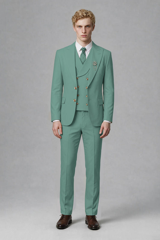 Savile Men's Turquoise Three-Piece Wedding Suit with Double-Breasted Waistcoat - Turquoise