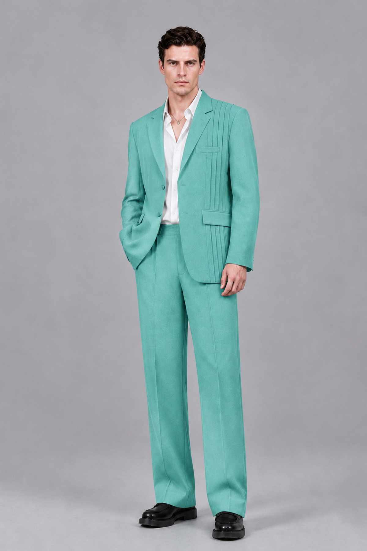 Savile Men's Turquoise Pleated 2-Piece Suit Set | Notch Lapel Blazer & Tailored Trousers - Turquoise - Turquoise_2