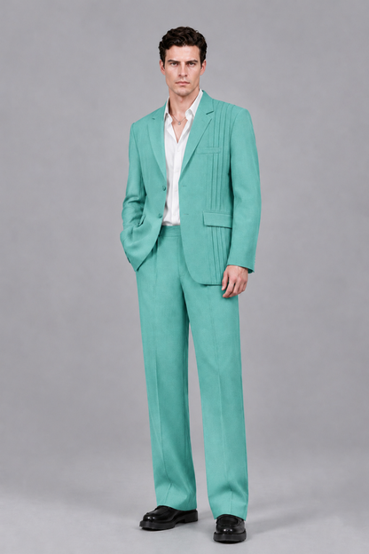 Savile Men's Turquoise Pleated 2-Piece Suit Set | Notch Lapel Blazer & Tailored Trousers - Turquoise - Turquoise_2