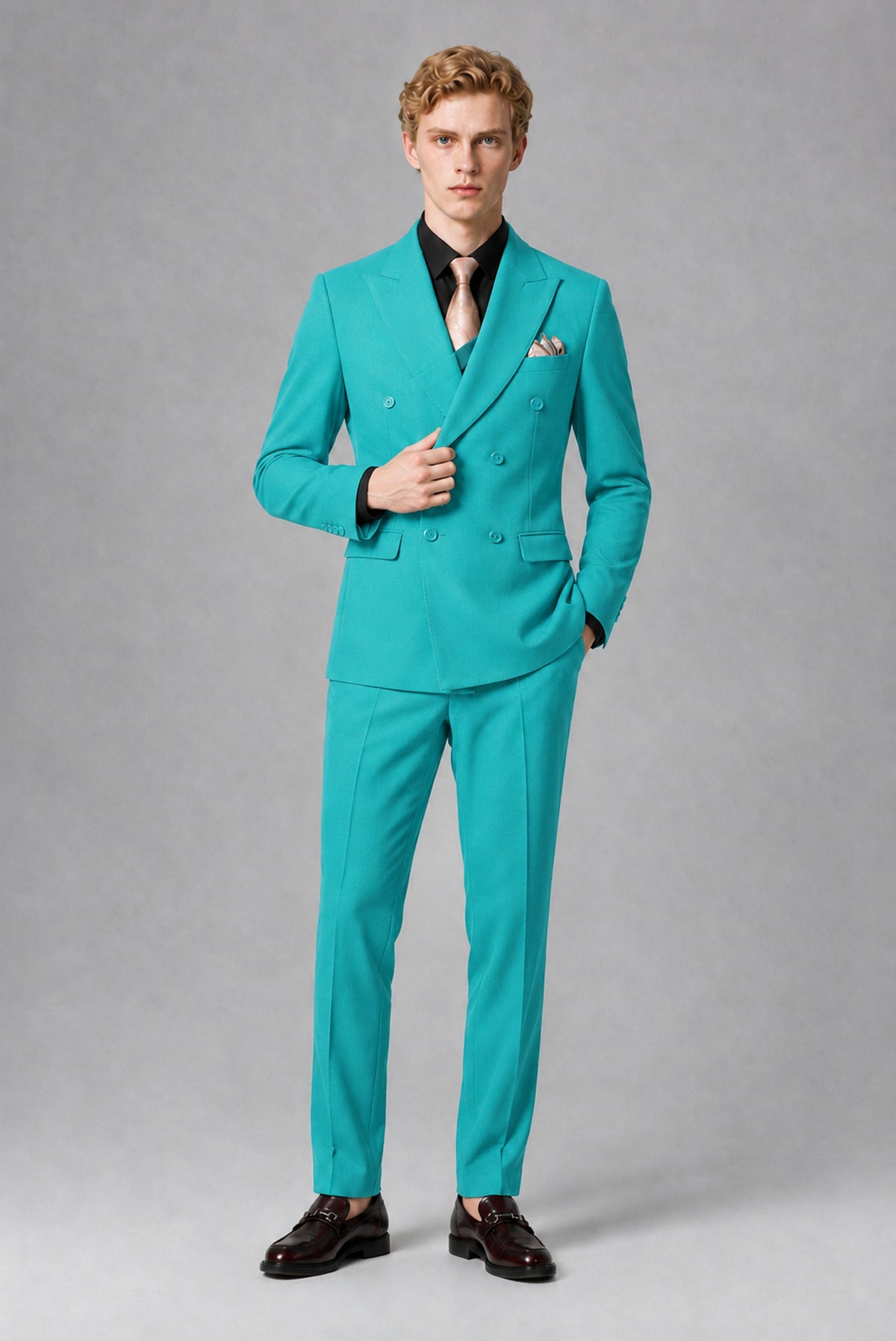 Savile Men's Turquoise Double-Breasted Two-Piece Suit - Turquoise