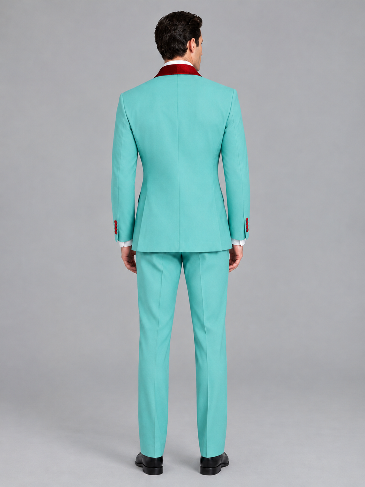 Savile Men's Turquoise 3-Piece Tuxedo Suit Set – Contrast Red Shawl Lapel Blazer, Red Waistcoat & Trousers - SUC020 - Turquoise