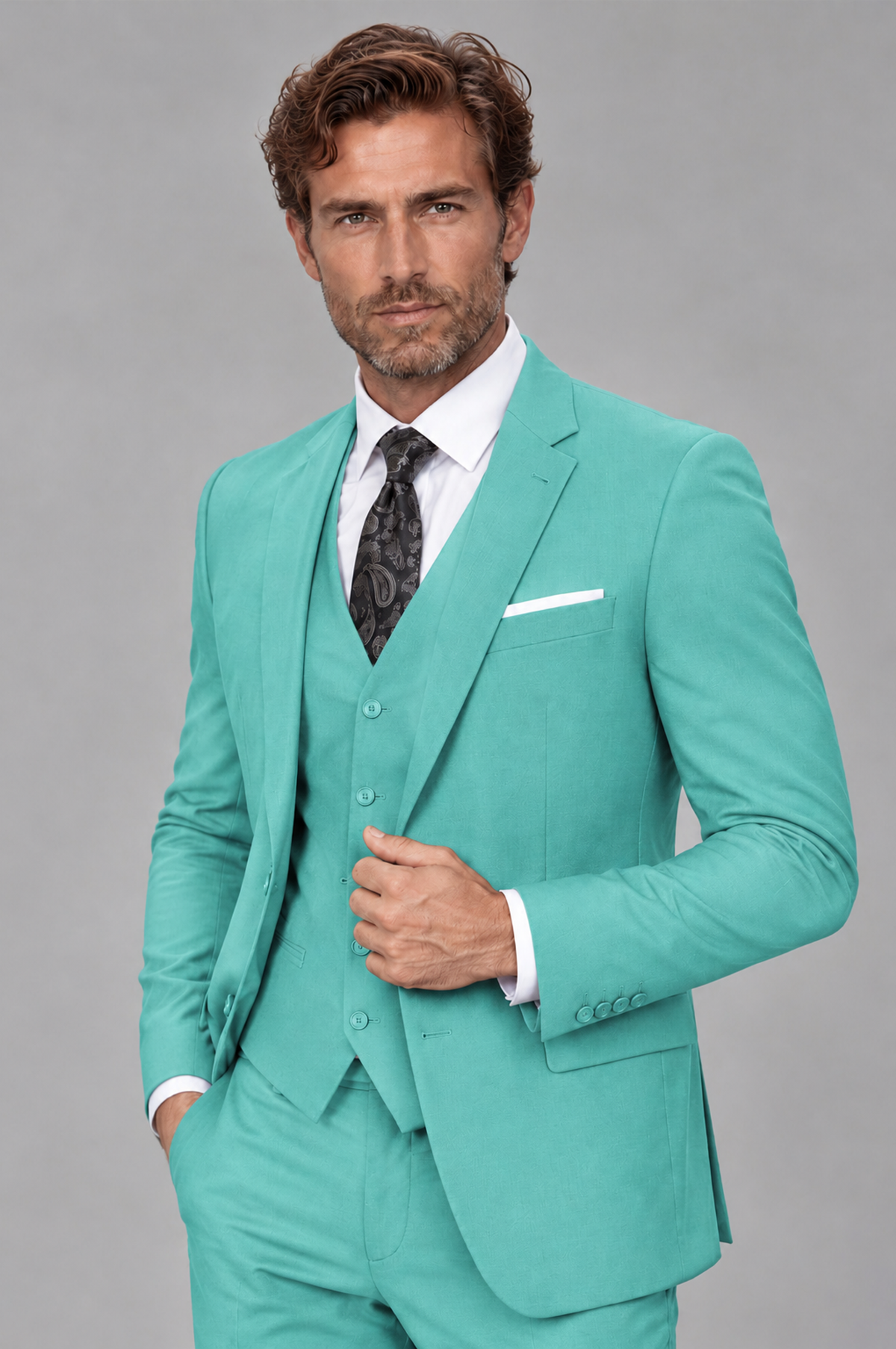Savile Men's Turquoise 3-Piece Suit Set – Notch Lapel Blazer, Vest & Trousers - Turquoise - Turquoise_3