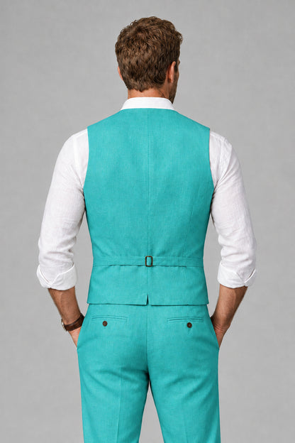 Men's Turquoise Linen Blend Single-Breasted V-Neck Suit Vest | Savile QX0101 - Turquoise