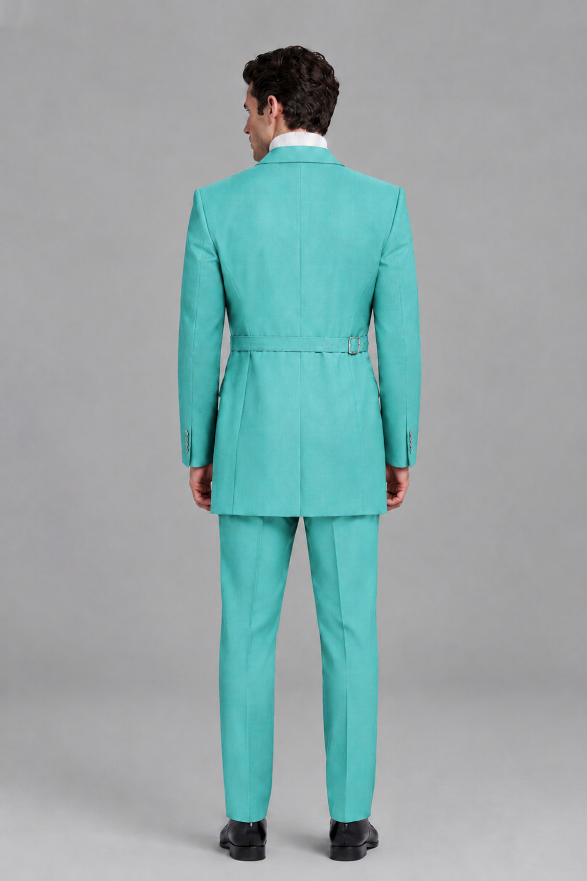 Savile Men's Turquoise Double Buckle Wrap Belted 2-Piece Suit Set – Peak Lapel Slim-Fit Jacket & Trousers - Turquoise - Turquoise_3