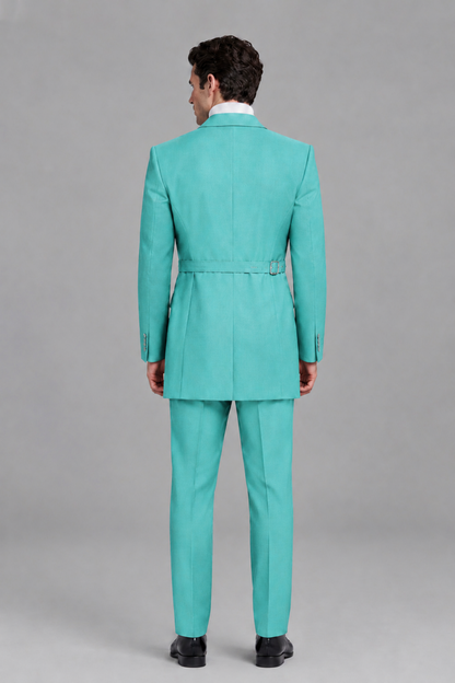 Savile Men's Turquoise Double Buckle Wrap Belted 2-Piece Suit Set – Peak Lapel Slim-Fit Jacket & Trousers - Turquoise - Turquoise_3