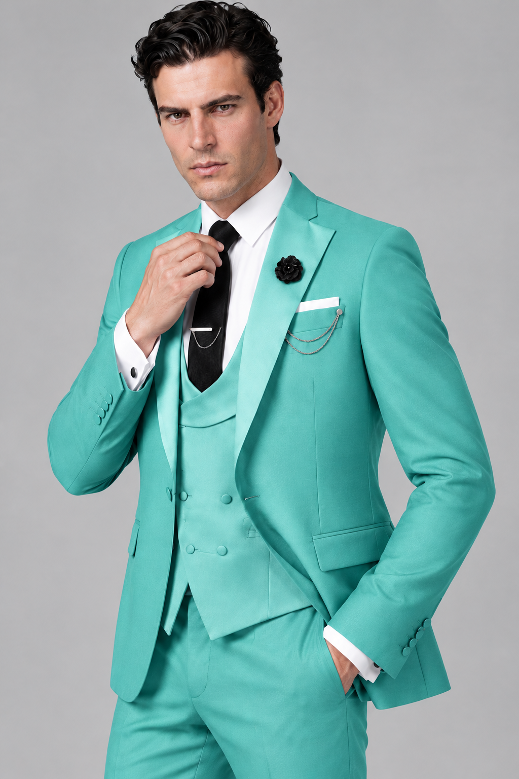 Savile Men's Turquoise 3-Piece Tuxedo Suit – Contrast Silver Peak Lapel & Grey Vest Formal Set - Turquoise - Turquoise_3