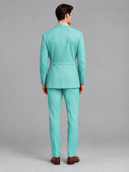 Savile Men's Turquoise Belted Wrap 2-Piece Suit – Peak Lapel Blazer & Tailored Trousers - SUC060 - Turquoise - Turquoise_3