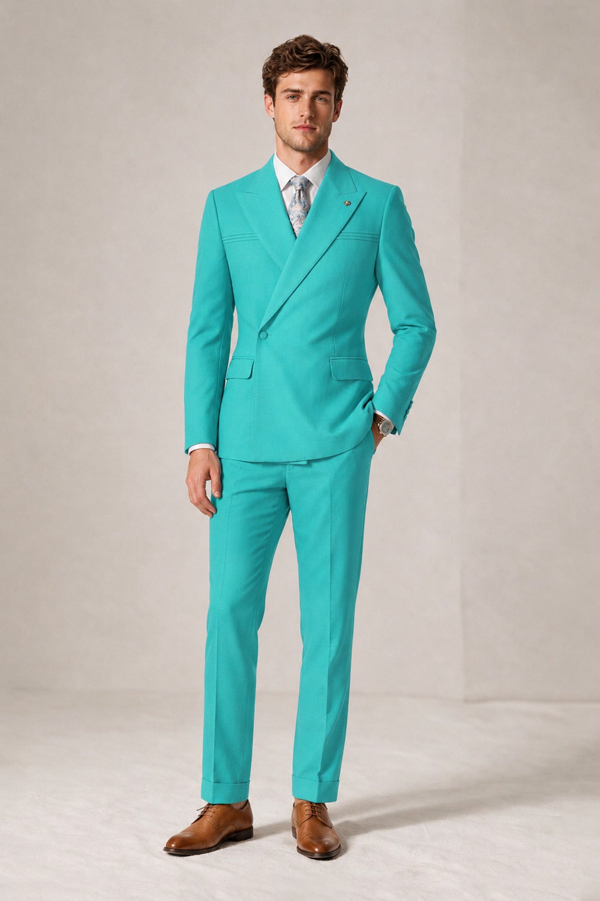 Savile Men's Turquoise Double-Breasted Slim Fit 2-Piece Suit Set – Peak Lapel Blazer & Cuffed Trousers | Wedding Prom Formal - Turquoise