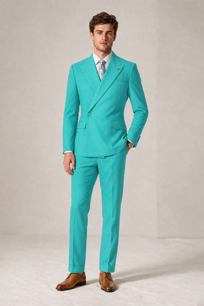 Savile Men's Turquoise Double-Breasted Slim Fit 2-Piece Suit Set – Peak Lapel Blazer & Cuffed Trousers | Wedding Prom Formal - Turquoise