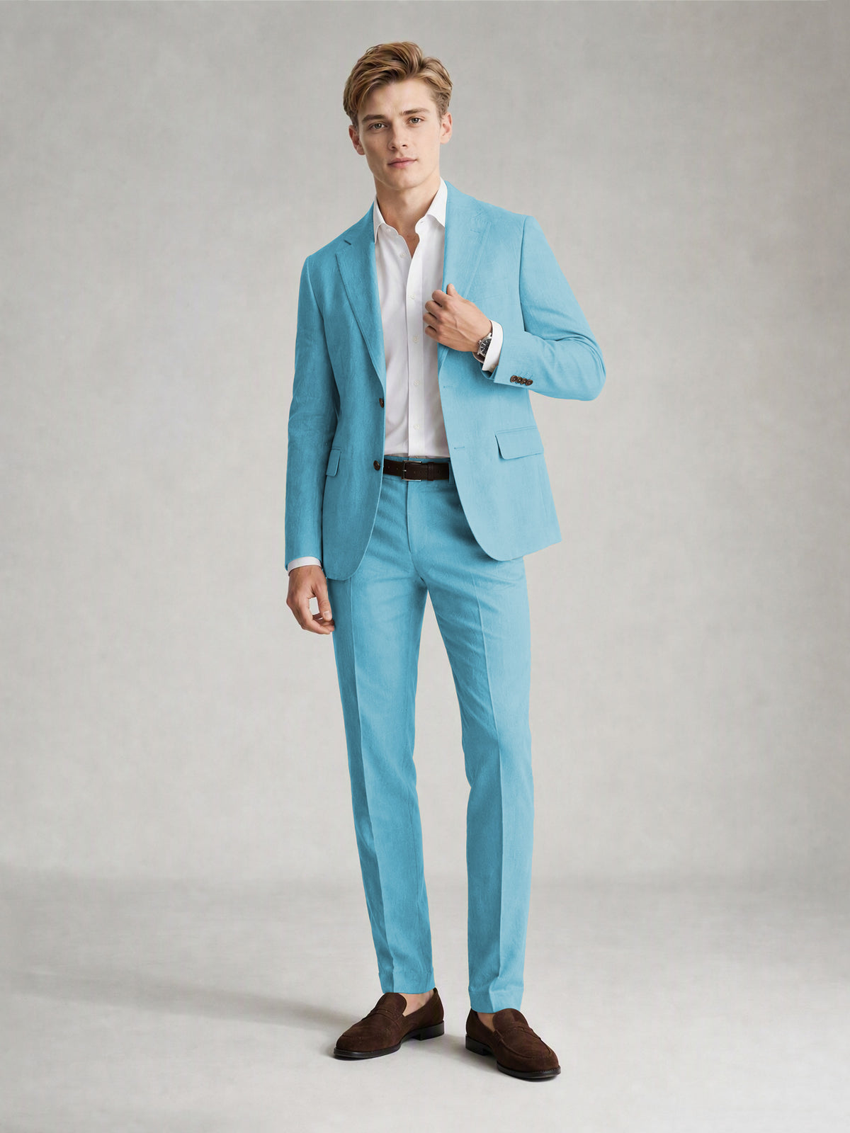 Savile Men's Sand Khaki Linen-Blend 2-Piece Suit Set – Two-Button Notch Lapel Slim-Fit Blazer & Slim Trousers - Turquoise - Turquoise