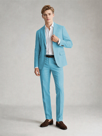 Savile Men's Sand Khaki Linen-Blend 2-Piece Suit Set – Two-Button Notch Lapel Slim-Fit Blazer & Slim Trousers - Turquoise - Turquoise