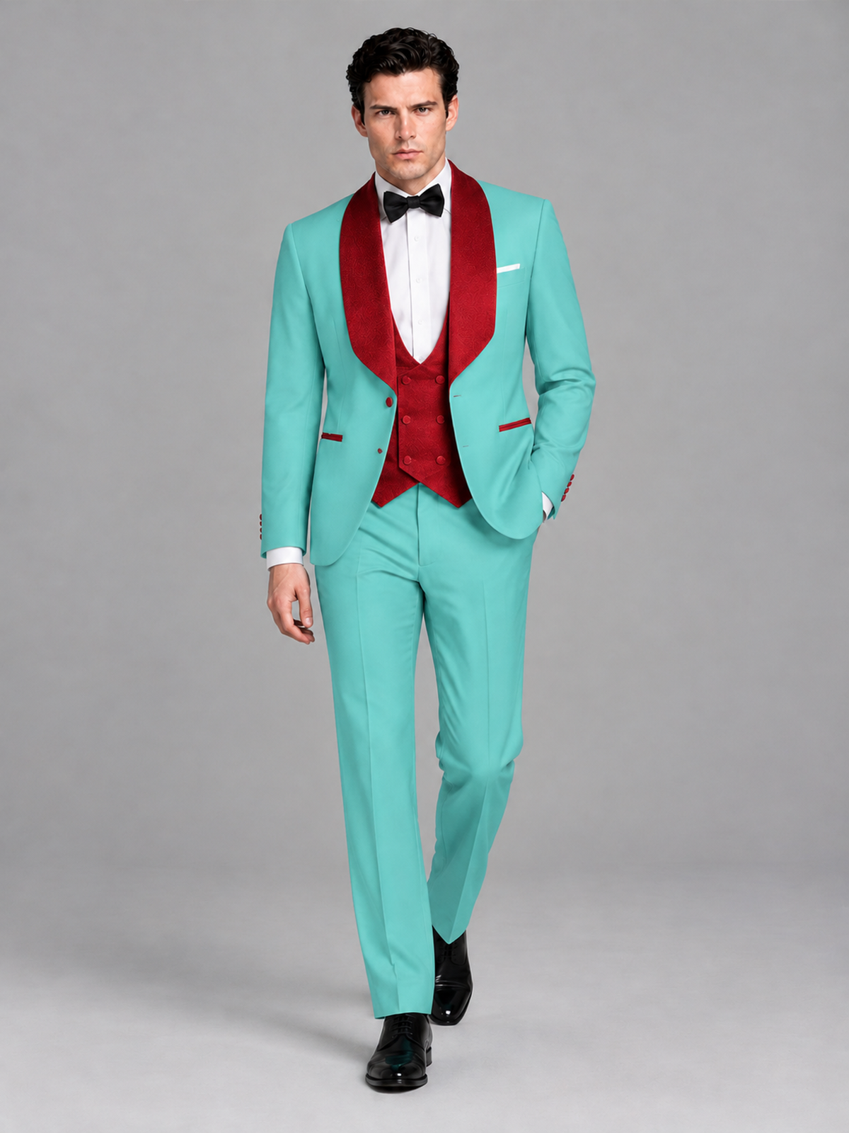 Savile Men's Turquoise 3-Piece Tuxedo Suit Set – Contrast Red Shawl Lapel Blazer, Red Waistcoat & Trousers - SUC020 - Turquoise