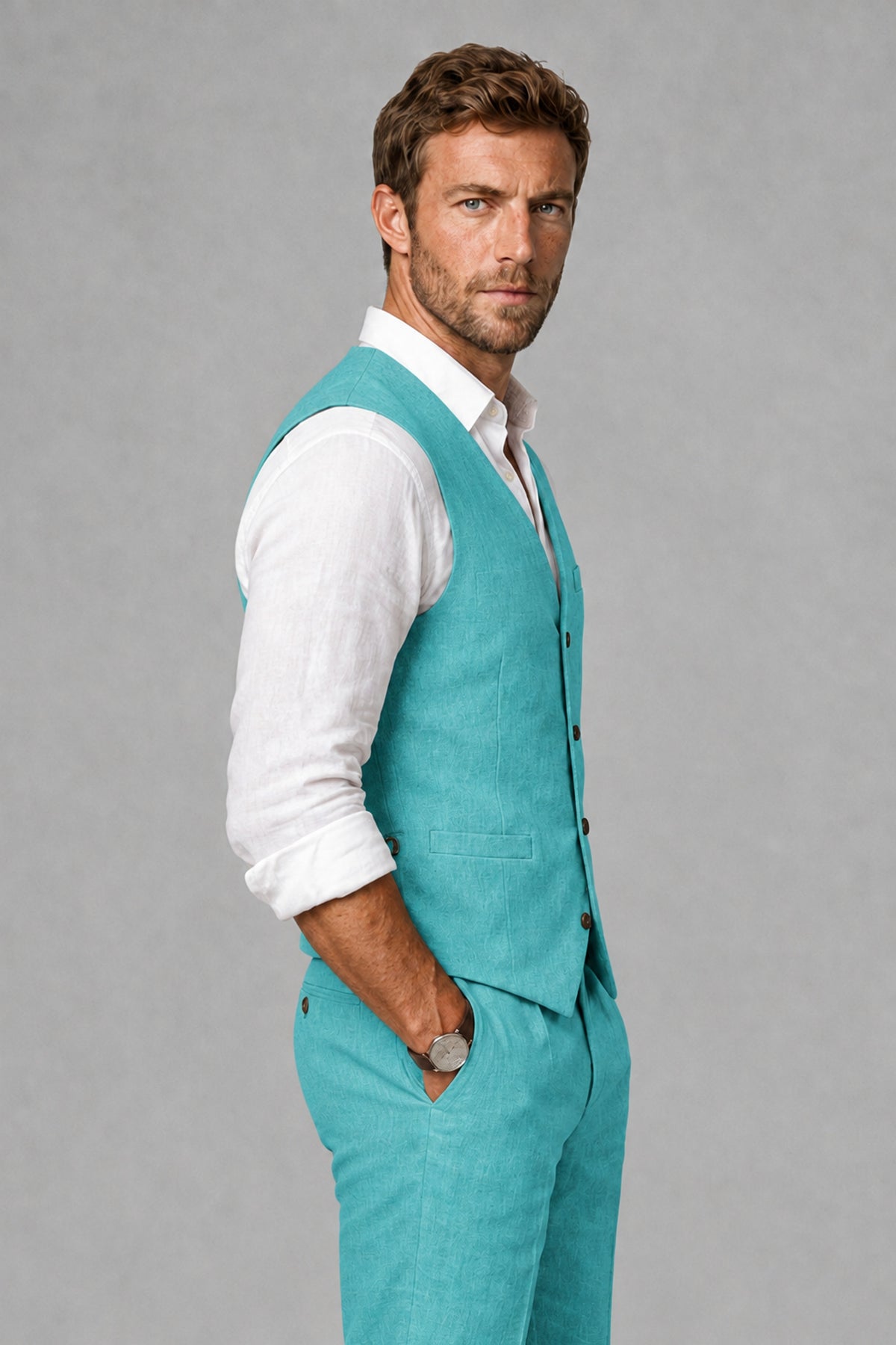 Men's Turquoise Linen Blend Single-Breasted V-Neck Suit Vest | Savile QX0101 - Turquoise