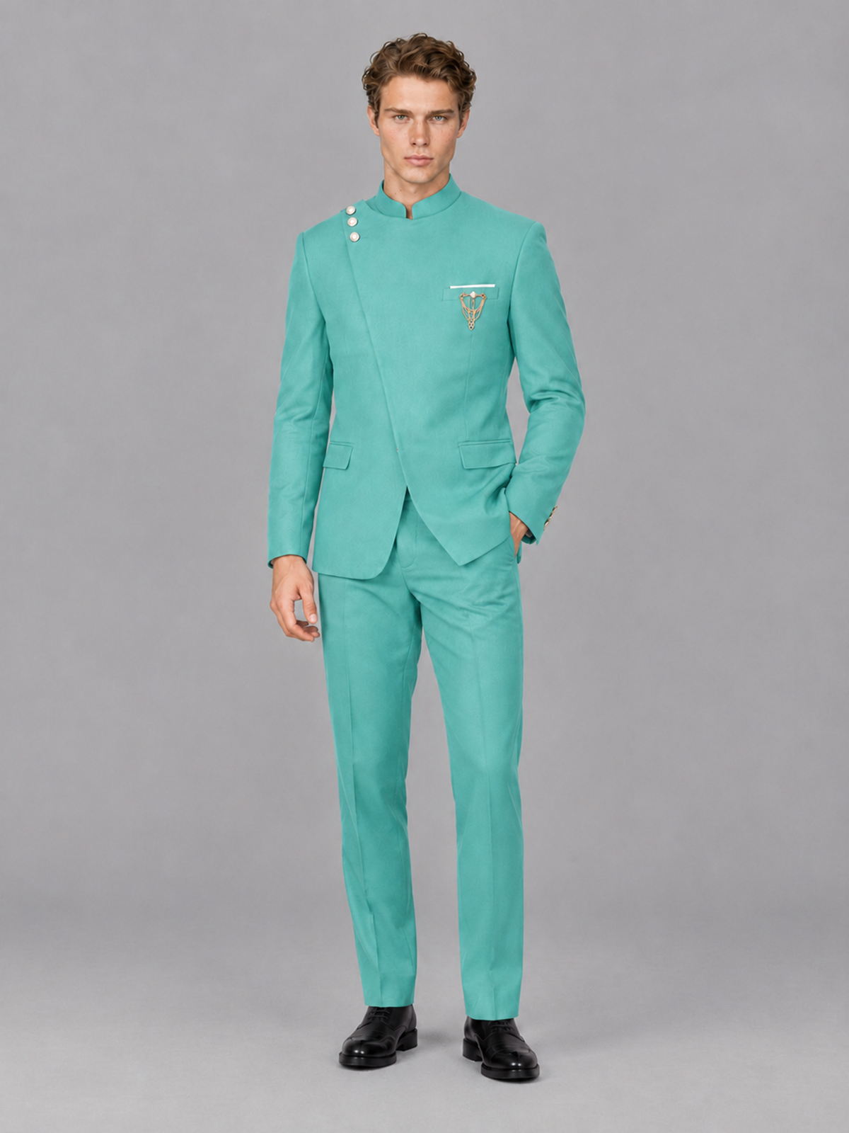 Savile Men's Turquoise Mandarin Collar Asymmetrical 2-Piece Suit Set – Modern Jacket & Trousers - Turquoise - Turquoise_4