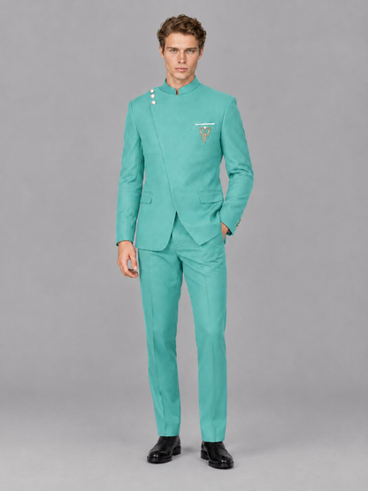 Savile Men's Turquoise Mandarin Collar Asymmetrical 2-Piece Suit Set – Modern Jacket & Trousers - Turquoise - Turquoise_4