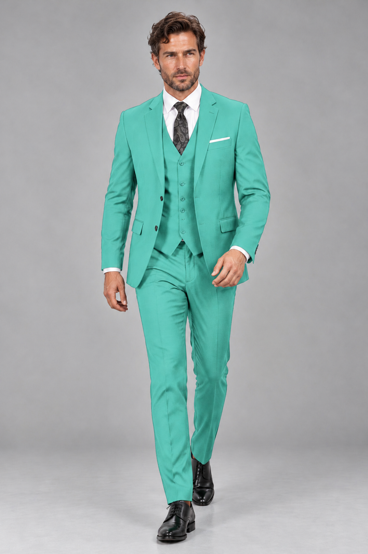 Savile Men's Turquoise 3-Piece Suit Set – Notch Lapel Blazer, Vest & Trousers - Turquoise - Turquoise_4