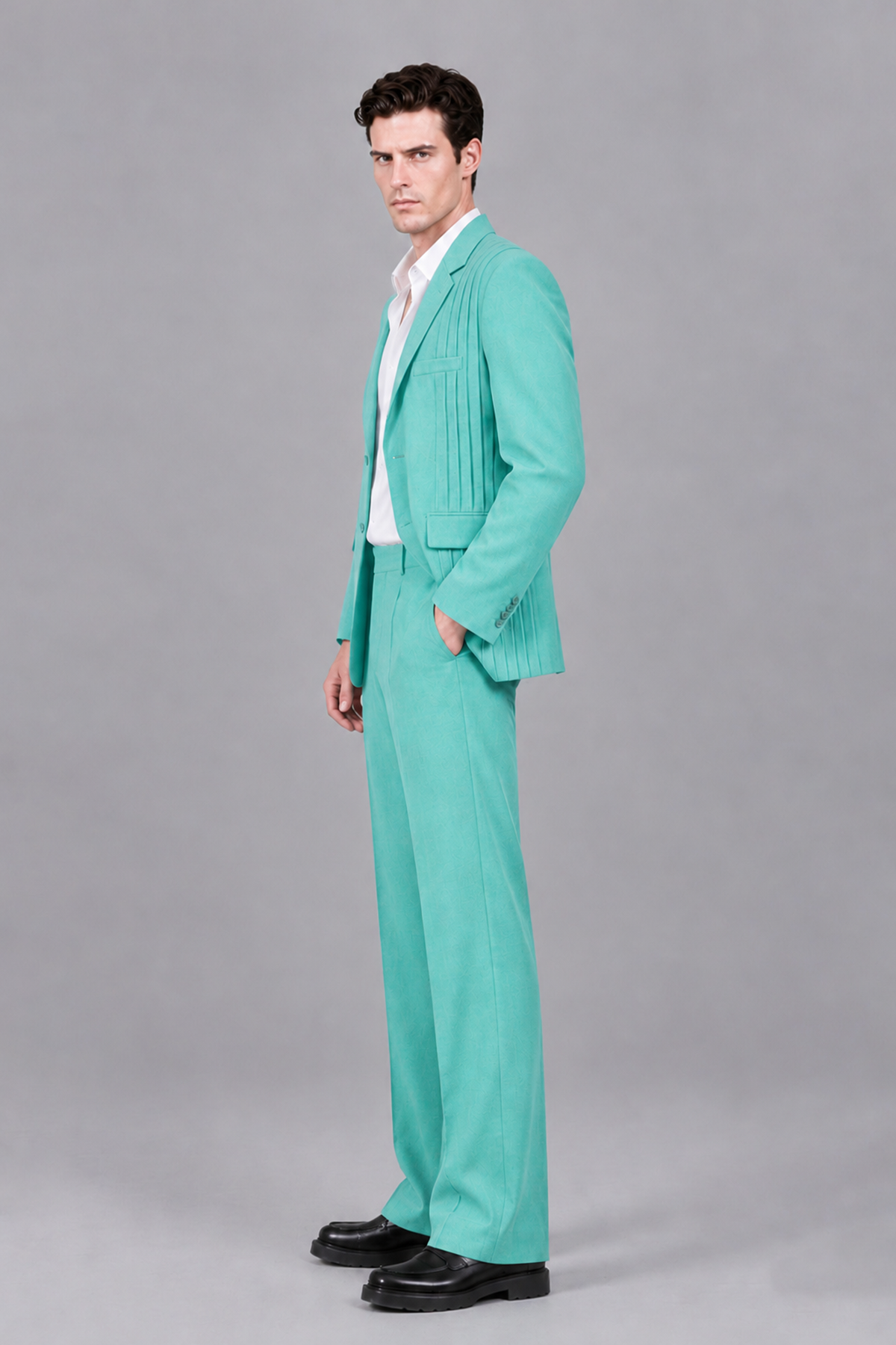 Savile Men's Turquoise Pleated 2-Piece Suit Set | Notch Lapel Blazer & Tailored Trousers - Turquoise - Turquoise_4