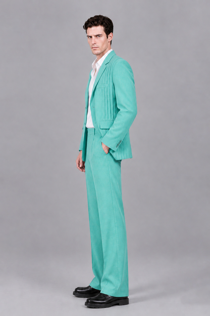 Savile Men's Turquoise Pleated 2-Piece Suit Set | Notch Lapel Blazer & Tailored Trousers - Turquoise - Turquoise_4