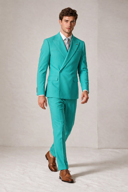 Savile Men's Turquoise Double-Breasted Slim Fit 2-Piece Suit Set – Peak Lapel Blazer & Cuffed Trousers | Wedding Prom Formal - Turquoise