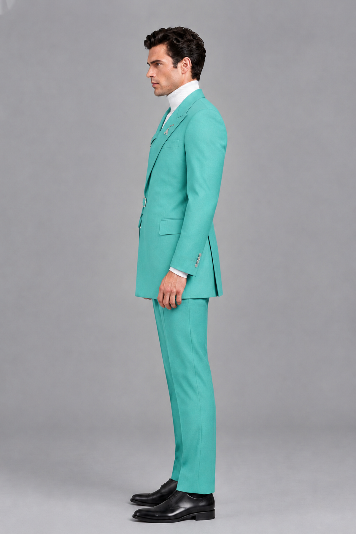 Savile Men's Turquoise Double Buckle Wrap Belted 2-Piece Suit Set – Peak Lapel Slim-Fit Jacket & Trousers - Turquoise - Turquoise_4