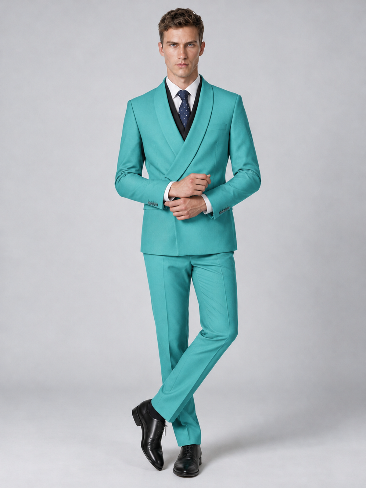 Savile Men's Turquoise Wrap Shawl Lapel 2-Piece Suit Set – Modern Jacket & Trousers - Turquoise - Turquoise_4