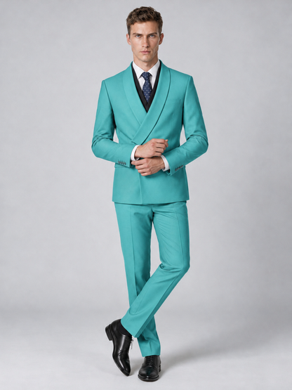 Savile Men's Turquoise Wrap Shawl Lapel 2-Piece Suit Set – Modern Jacket & Trousers - Turquoise - Turquoise_4