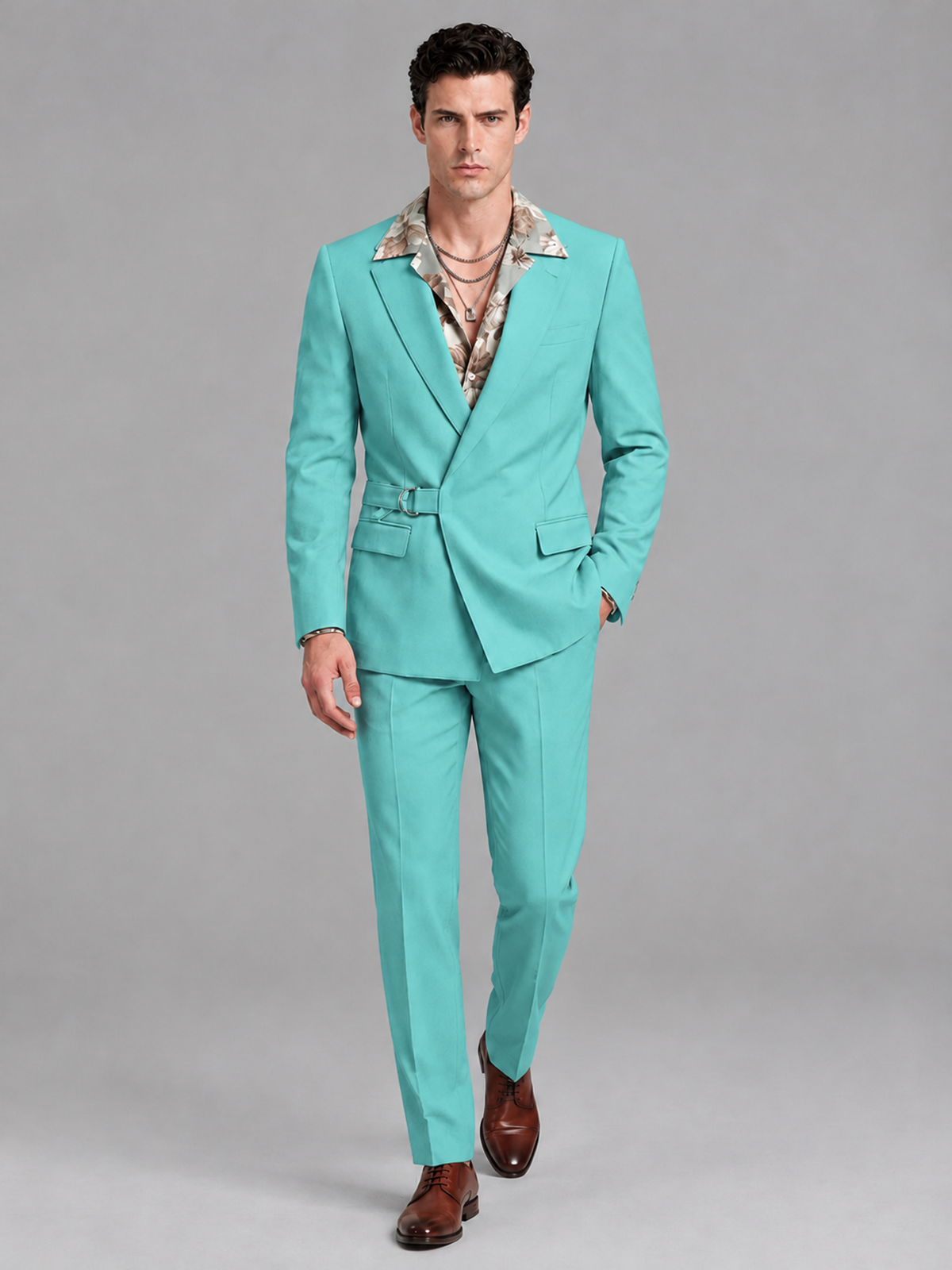 Savile Men's Turquoise Belted Wrap 2-Piece Suit – Peak Lapel Blazer & Tailored Trousers - SUC060 - Turquoise - Turquoise_4