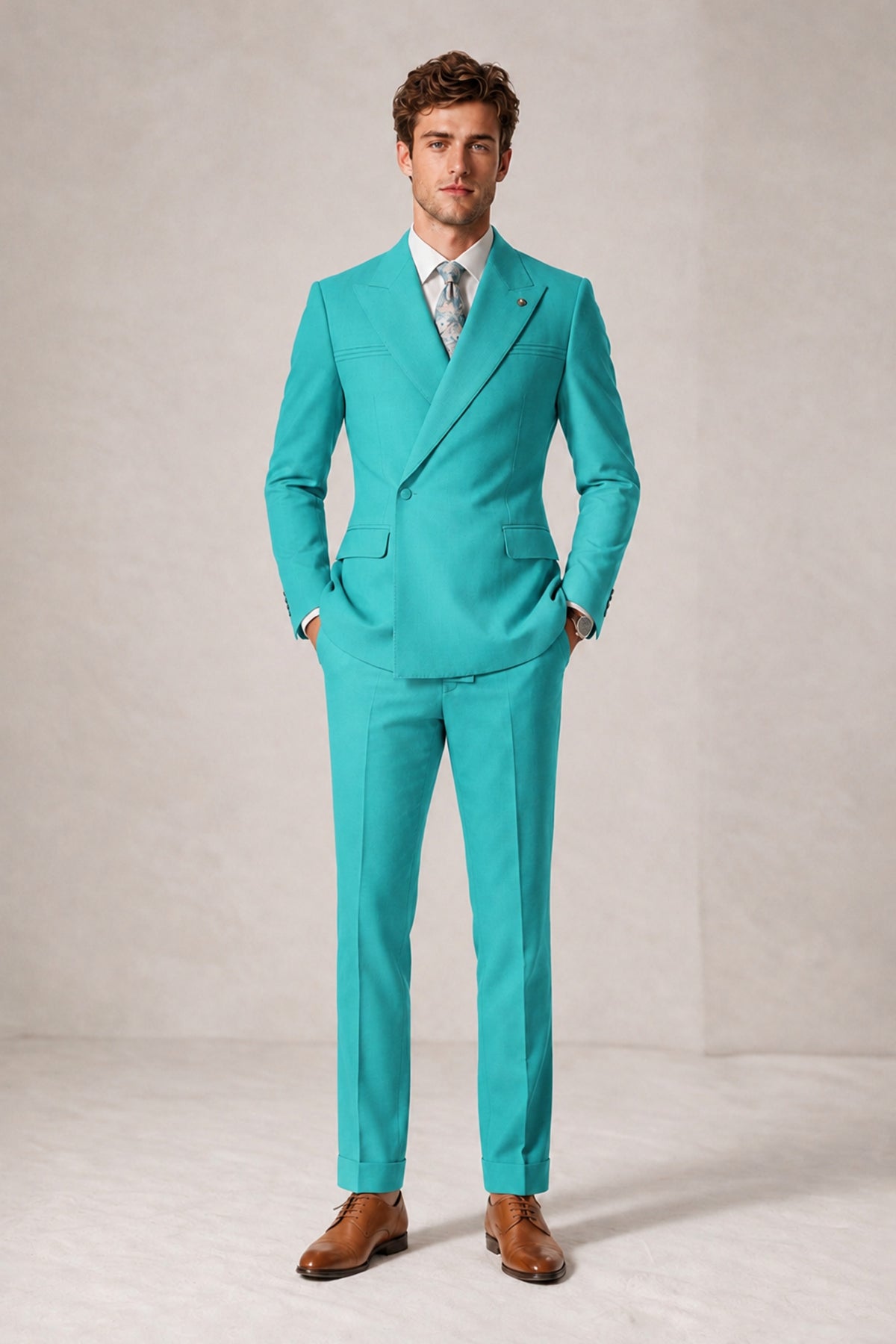 Savile Men's Turquoise Double-Breasted Slim Fit 2-Piece Suit Set – Peak Lapel Blazer & Cuffed Trousers | Wedding Prom Formal - Turquoise